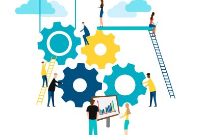 Concept of Teamwork, people building gear wheels. isolated on white background. Vector illustration.