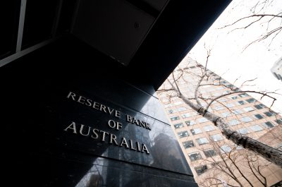 Reserve Bank of Australia name on black granite wall in Melbourne Australia