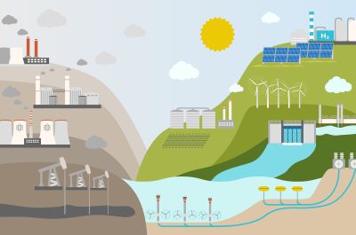 Ecological concept of energy consumption by source. Nonrenewable energy like oil, gas, coal, nuclear. Renewable energy sources like hydropower, solar, wind, geothermal. Flat vector illustration
