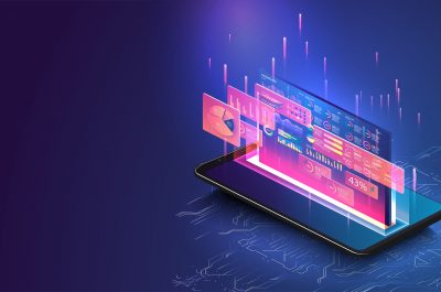 Data statistics. Web Banner. Graph and analytics data on isometric mobile phone. Modern landing page design.