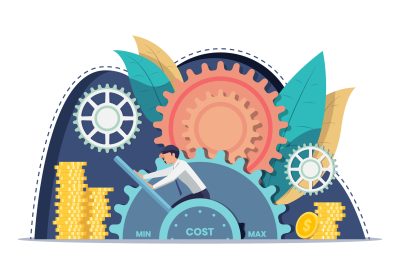 Businessman setting cost lever on minimum position
