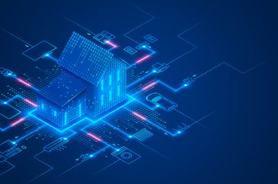 Smart home technology conceptual banner. Building consists digits and connected with icons of domestic smart devices. illustration concept of System intelligent control house on blue background. IOT.