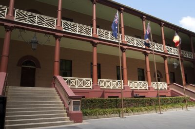 Facade and entrance steps to the NSW parliament house