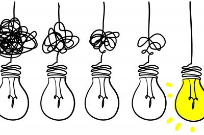 Simplifying the complex, confusion clarity or path vector idea concept with lightbulbs doodle illustration