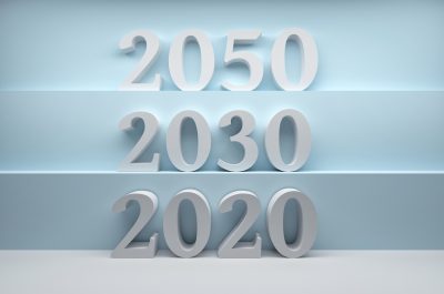 Sequence of numbers 2020, 2030, 2050 arranged on stairs