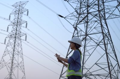 Female electrical engineer working near to High voltage tower.