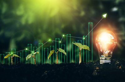 Light bulb is located on the soil, and plant are growing with growth graph.Renewable energy generation is essential in the future. Alternative sources of energy.Green energy development.