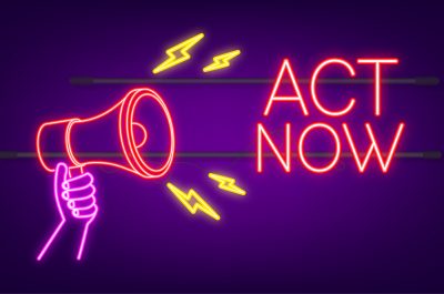 Red round act now neon button on white background. Vector stock illustration.