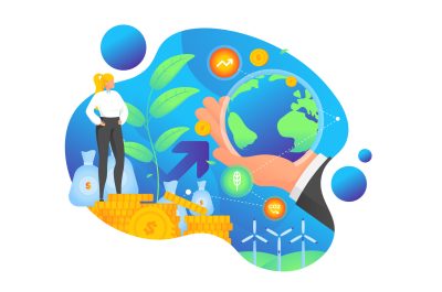 Green economy and business investment in climate resilience. Vector concept illustration. Sustainable esg business and green renewable energy industry.  Commitment to decrease co2 emmision