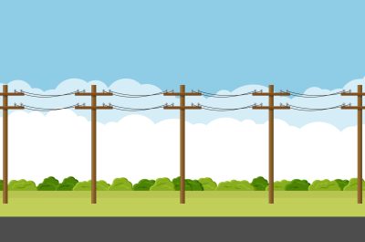 Overhead electric power lines with cables suspended on utility poles. Empty countryside road. Utility pole Electricity concept. High voltage wires. Landscape vector illustration