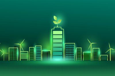 Ecology concept with green eco city background. Environment conservation resource sustainable, urban environment concept.