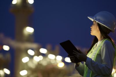 Industrial engineer using digital tablet for work at electrical power plant.