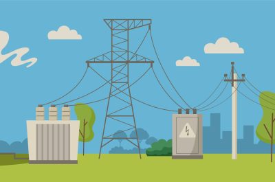 Electric power distribution chart. Electricity supply scheme from power plant to house, power supply line poles, cables and transformers cartoon vector illustration