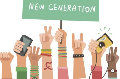 Youth crowd with banner. Manifesting new generation crowd