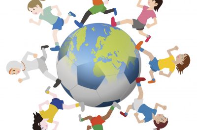 various races children running around the earth and soccer ball, vector illustration