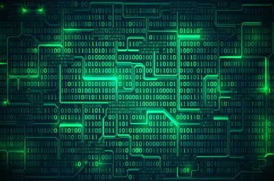 Abstract futuristic electronic circuit board with binary code, matrix background with digits, well organized layers