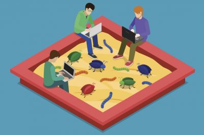 Application development sandbox debug flat 3d isometric isometry code programming technology concept web vector illustration. Programmer debugger debugging in sand box among bug worm. Creative people.